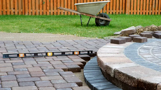 Block paving patio being laid
